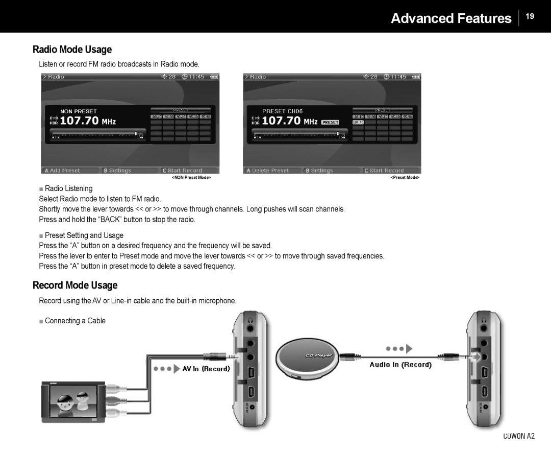 Cowon Systems A2 manual Radio Mode Usage, Record Mode Usage, Listen or record FM radio broadcasts in Radio mode 