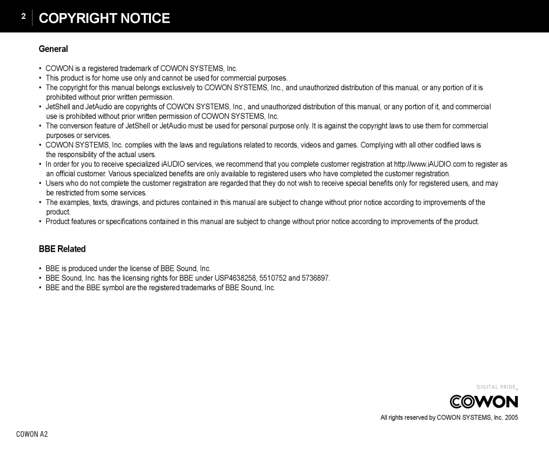 Cowon Systems A2 manual Copyright Notice 