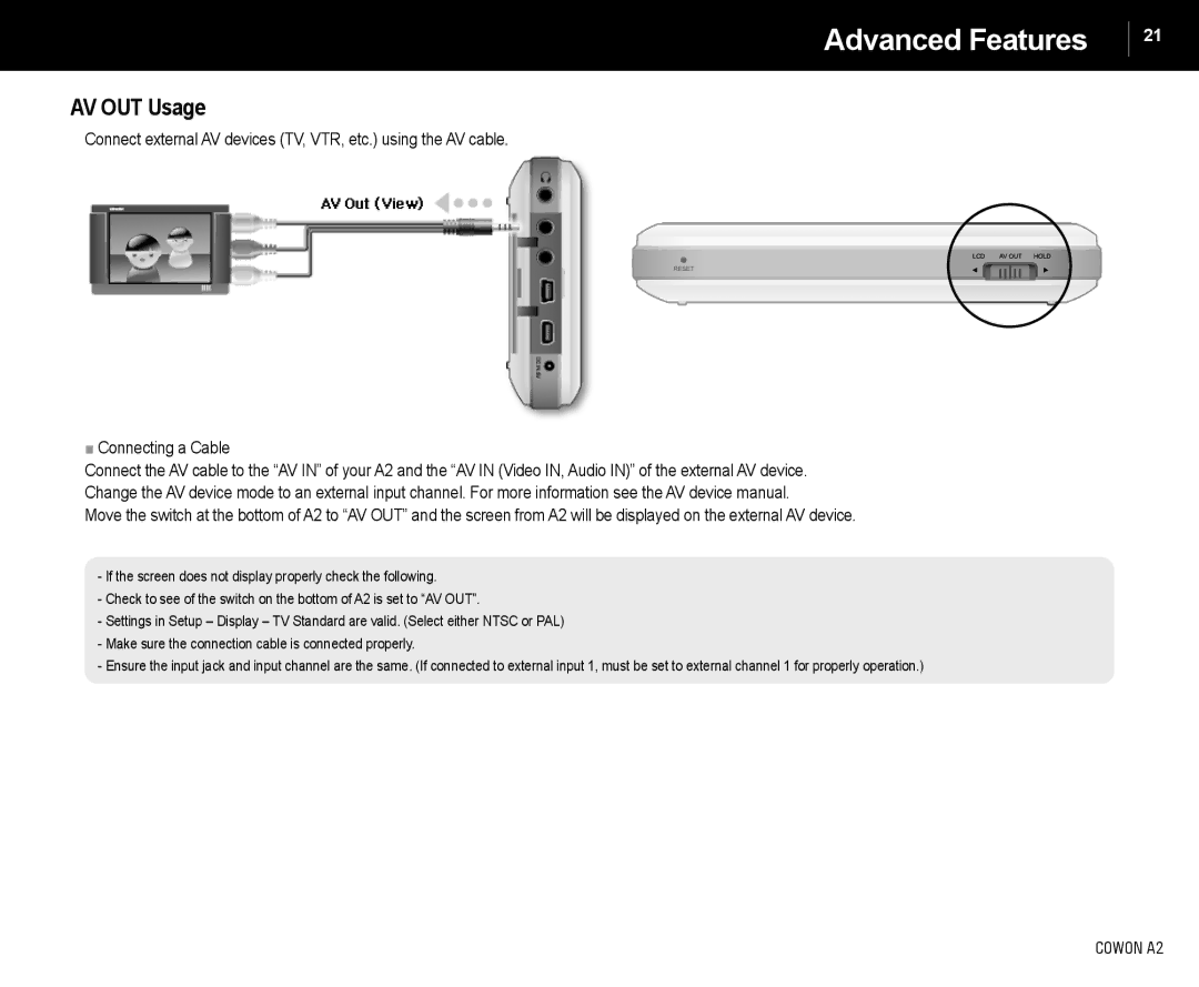 Cowon Systems A2 manual AV OUT Usage 