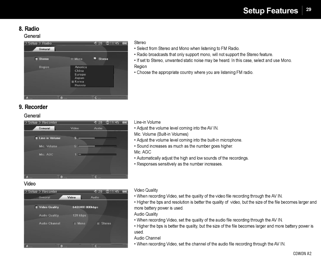 Cowon Systems A2 manual Radio, Recorder, Video 