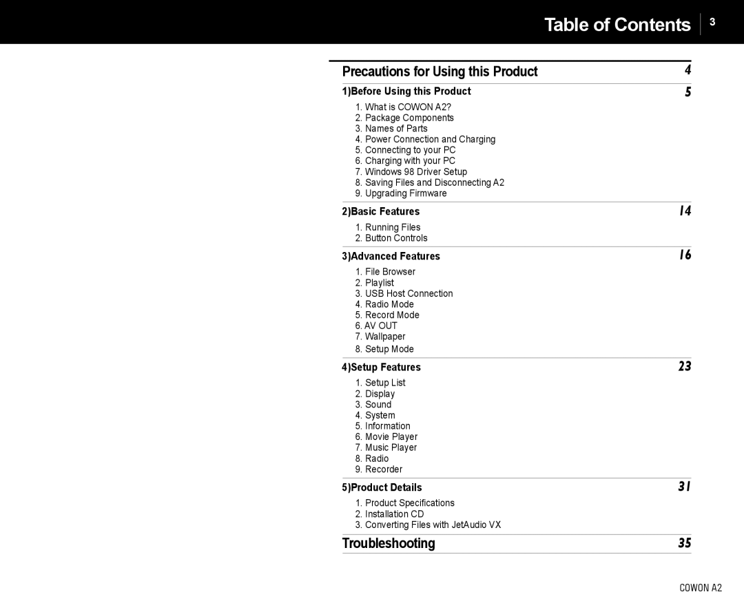 Cowon Systems A2 manual Table of Contents 