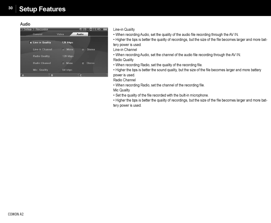 Cowon Systems A2 manual Audio 