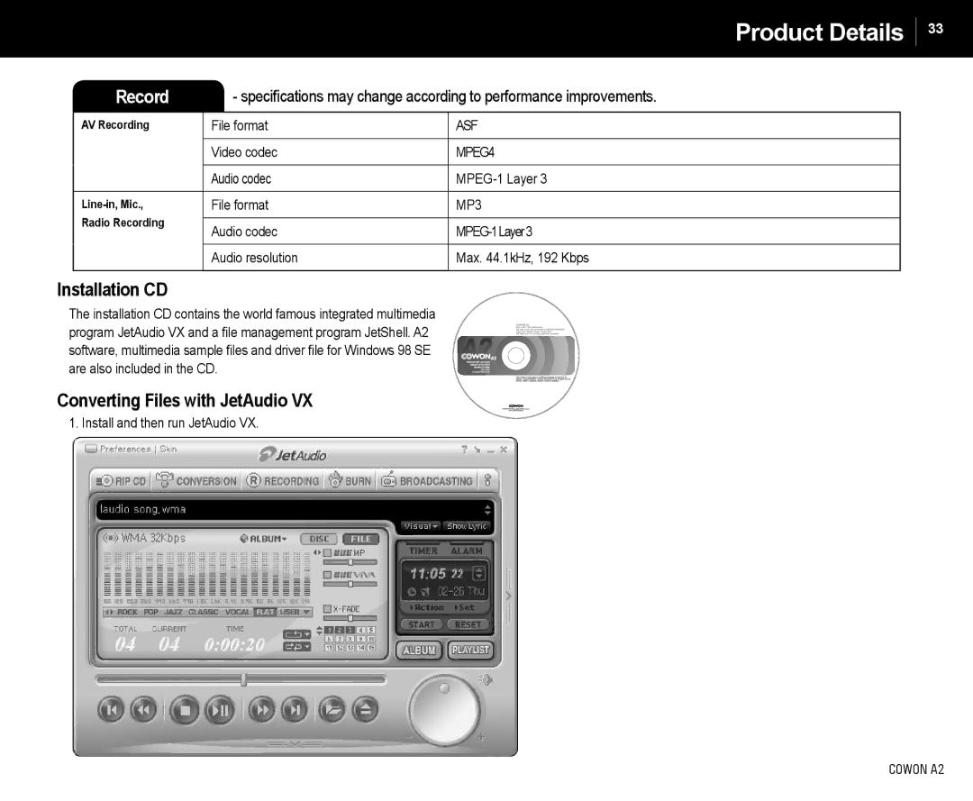 Cowon Systems A2 manual Installation CD, Converting Files with JetAudio, Video codec, Audio codec MPEG-1 Layer 