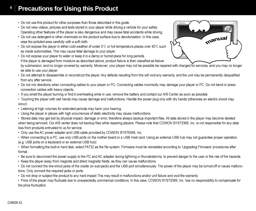 Cowon Systems A2 manual Precautions for Using this Product 