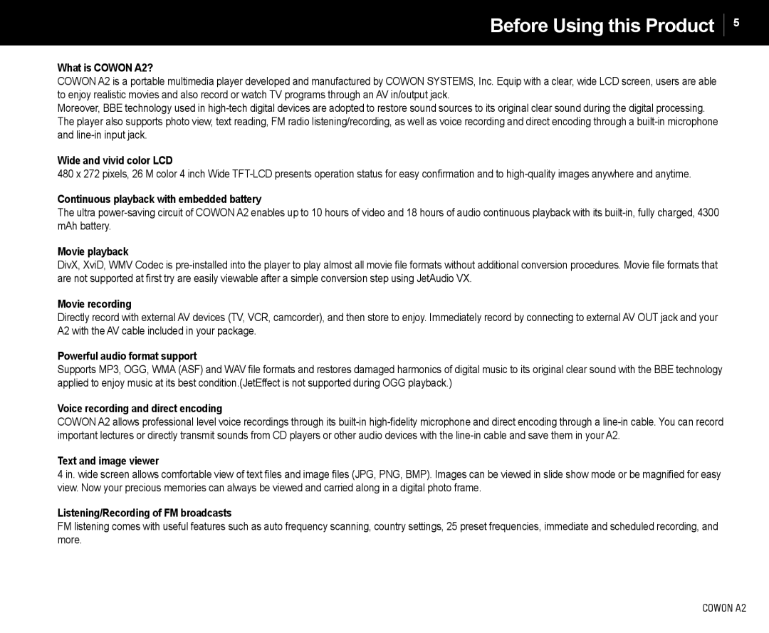 Cowon Systems A2 manual Before Using this Product 