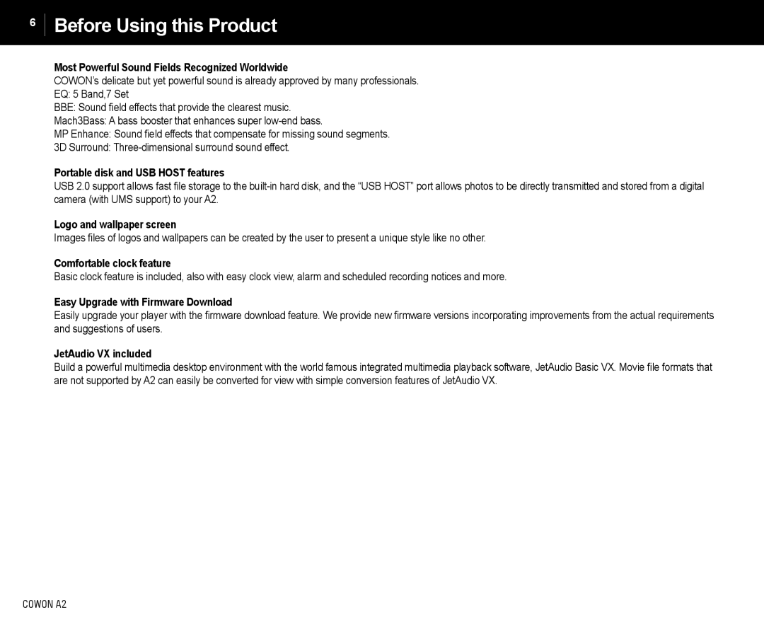 Cowon Systems A2 manual Most Powerful Sound Fields Recognized Worldwide, Portable disk and USB Host features 