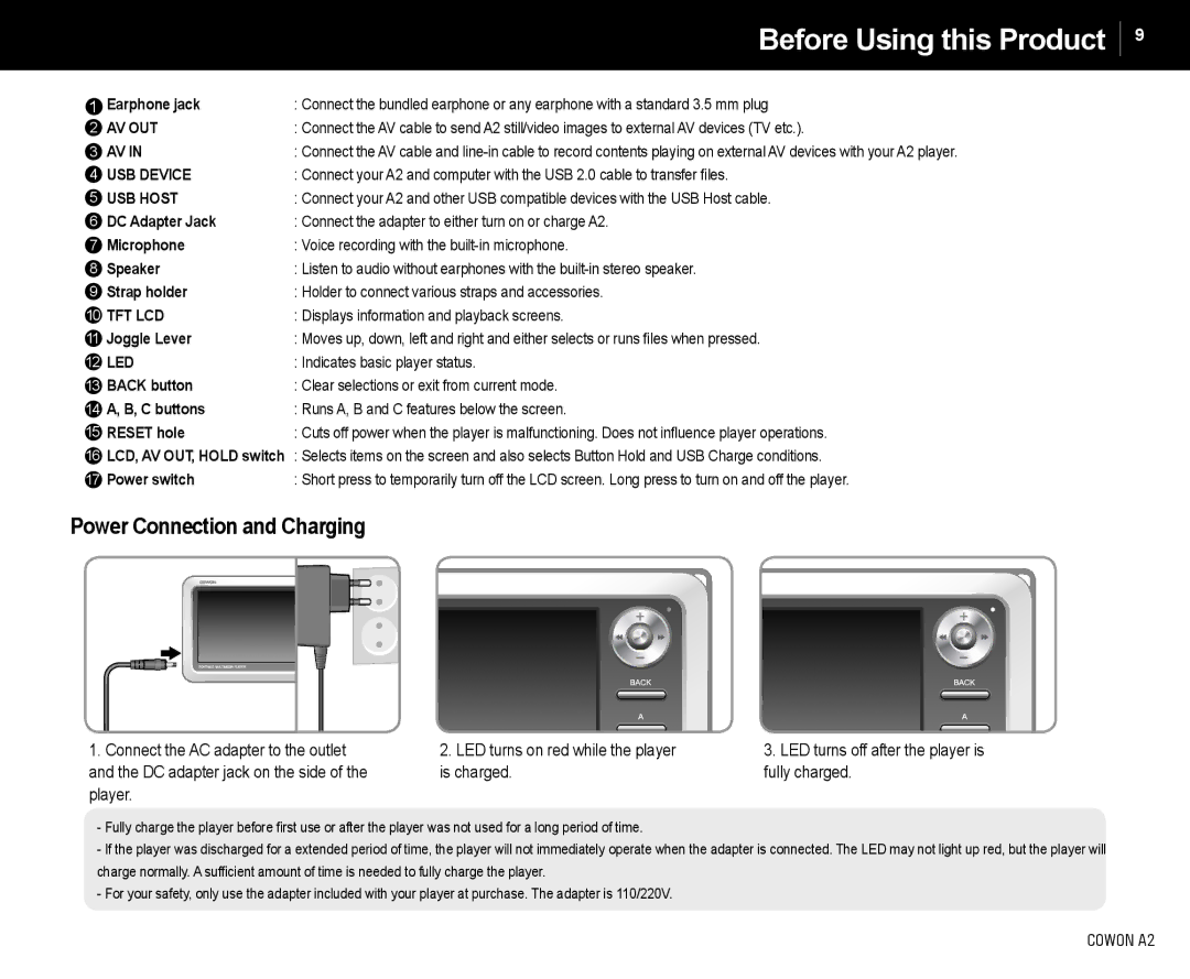 Cowon Systems A2 manual Power Connection and Charging 