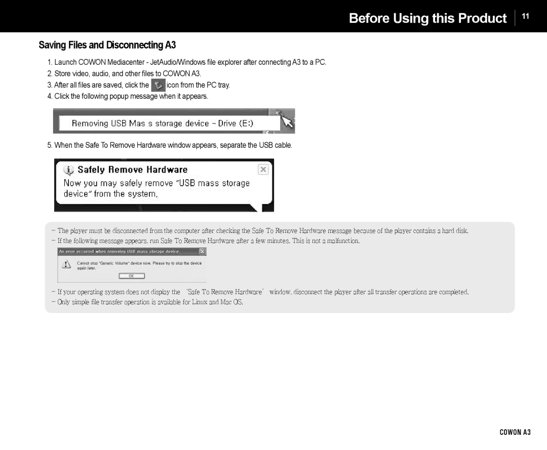 Cowon Systems manual Saving Files and Disconnecting A3 