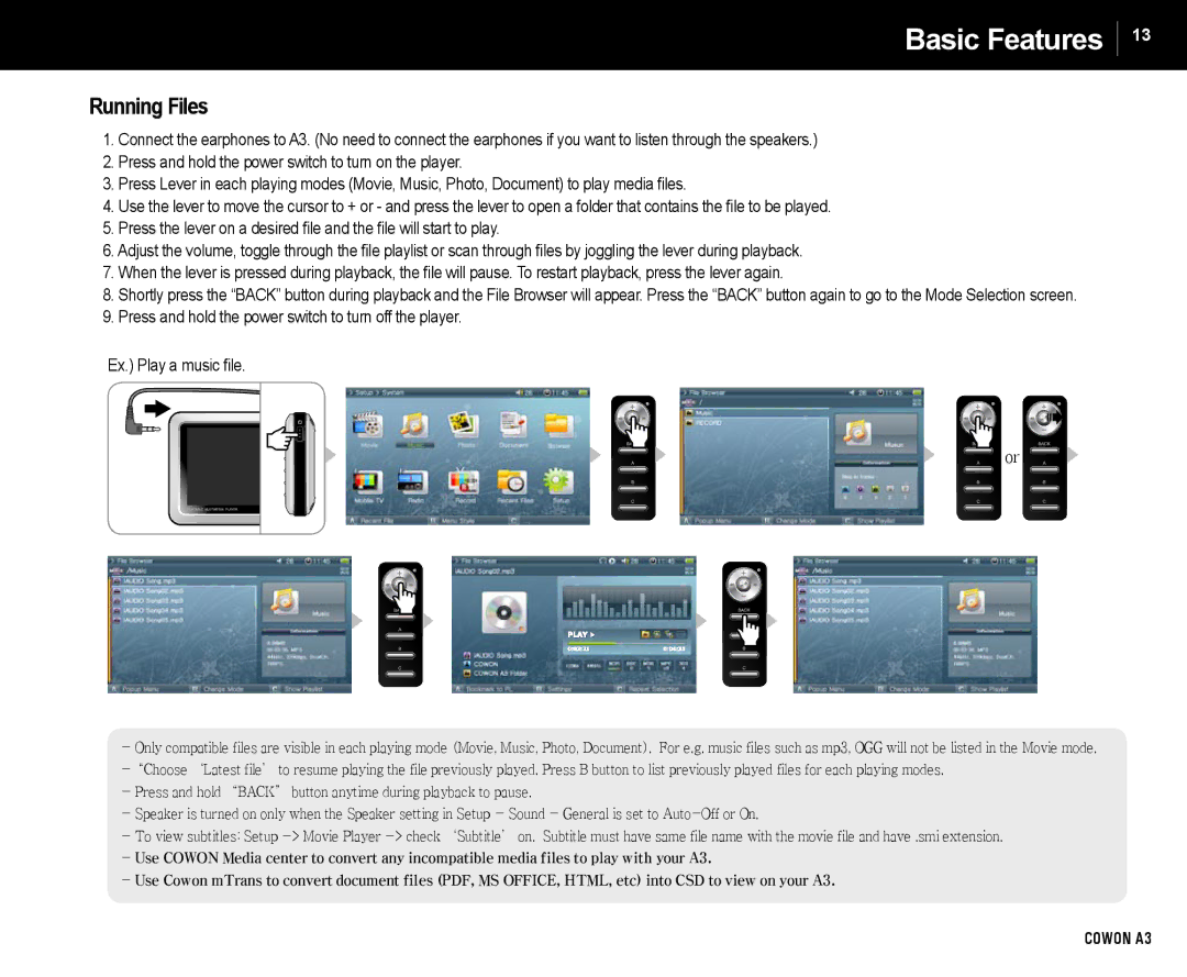 Cowon Systems A3 manual Basic Features, Running Files 