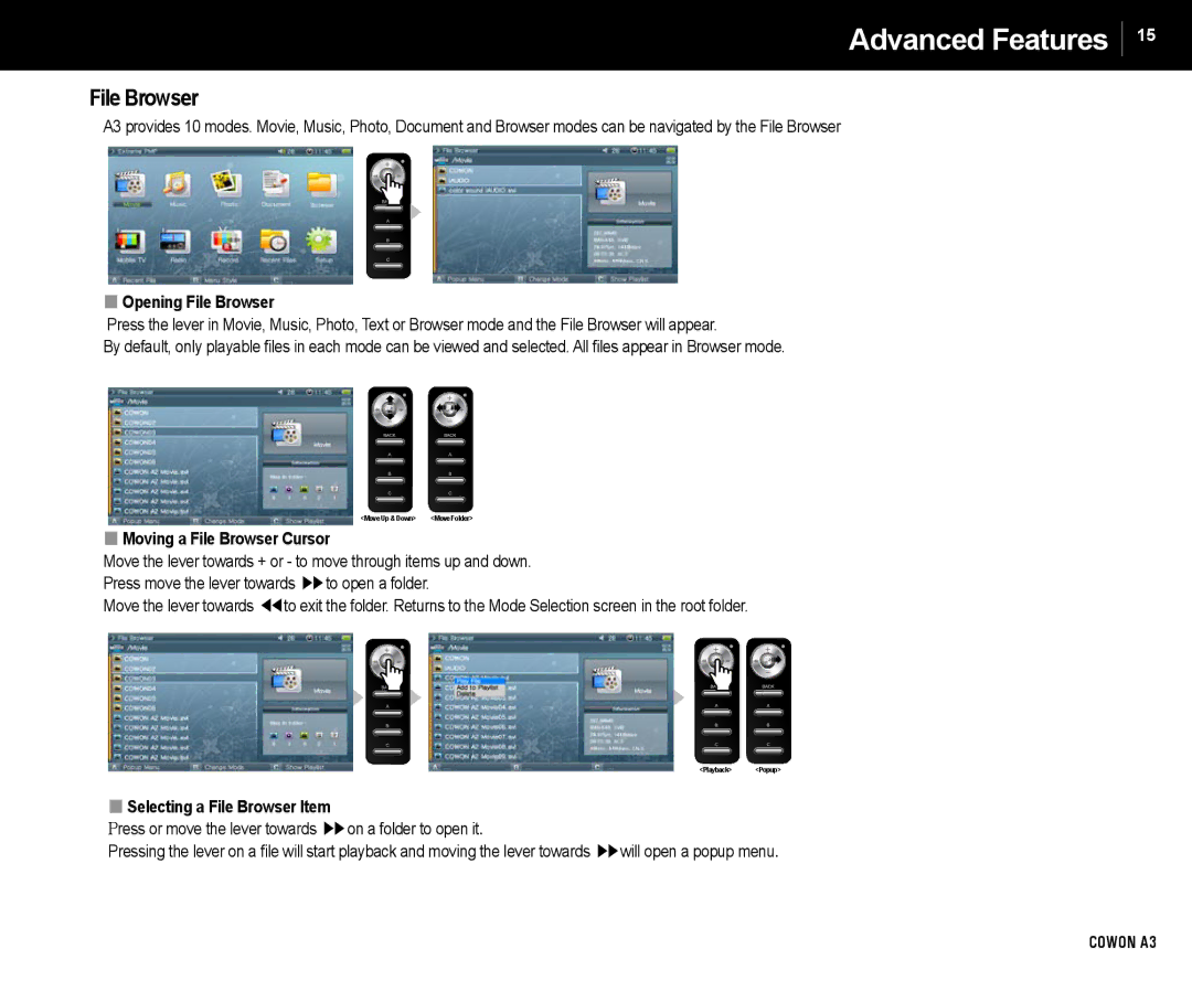 Cowon Systems A3 Advanced Features, Opening File Browser, Moving a File Browser Cursor, Selecting a File Browser Item 