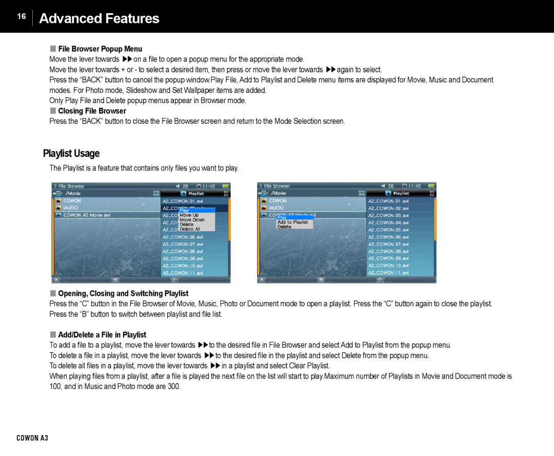 Cowon Systems A3 Playlist Usage, File Browser Popup Menu, Closing File Browser, Opening, Closing and Switching Playlist 