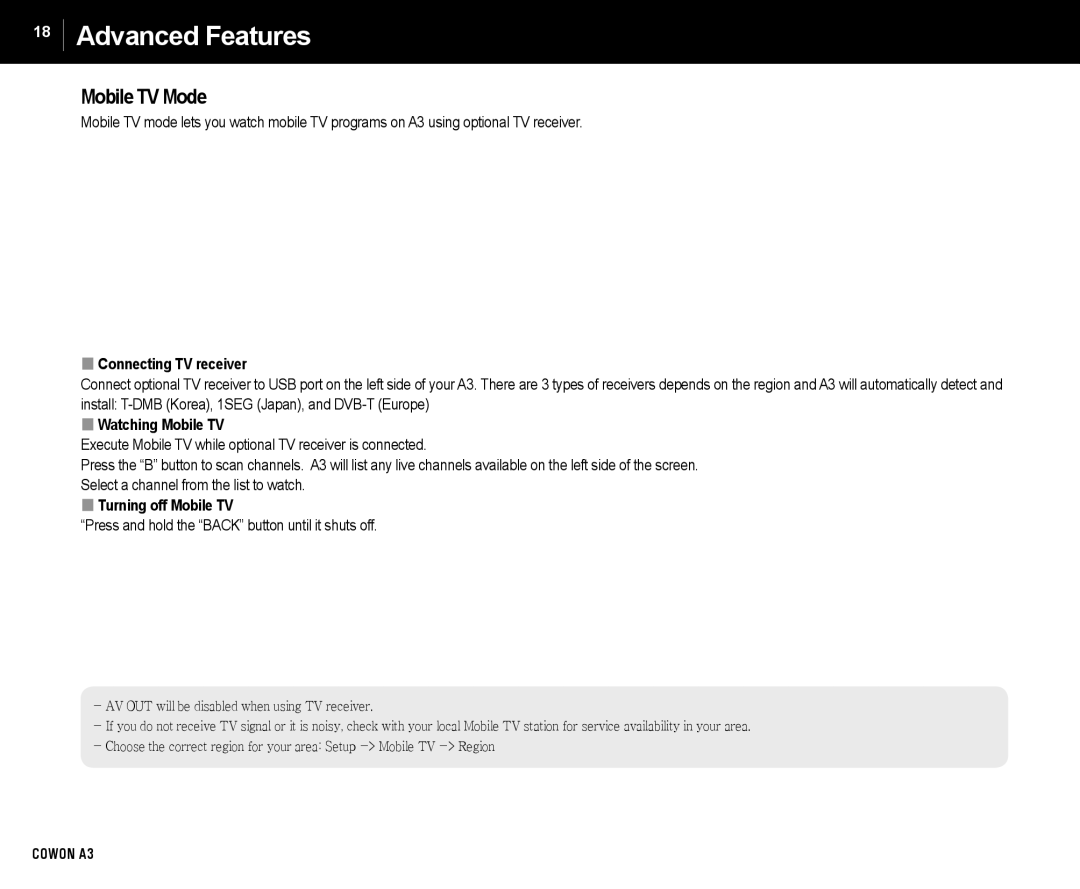 Cowon Systems A3 manual Mobile TV Mode, Connecting TV receiver, Watching Mobile TV, Turning off Mobile TV 