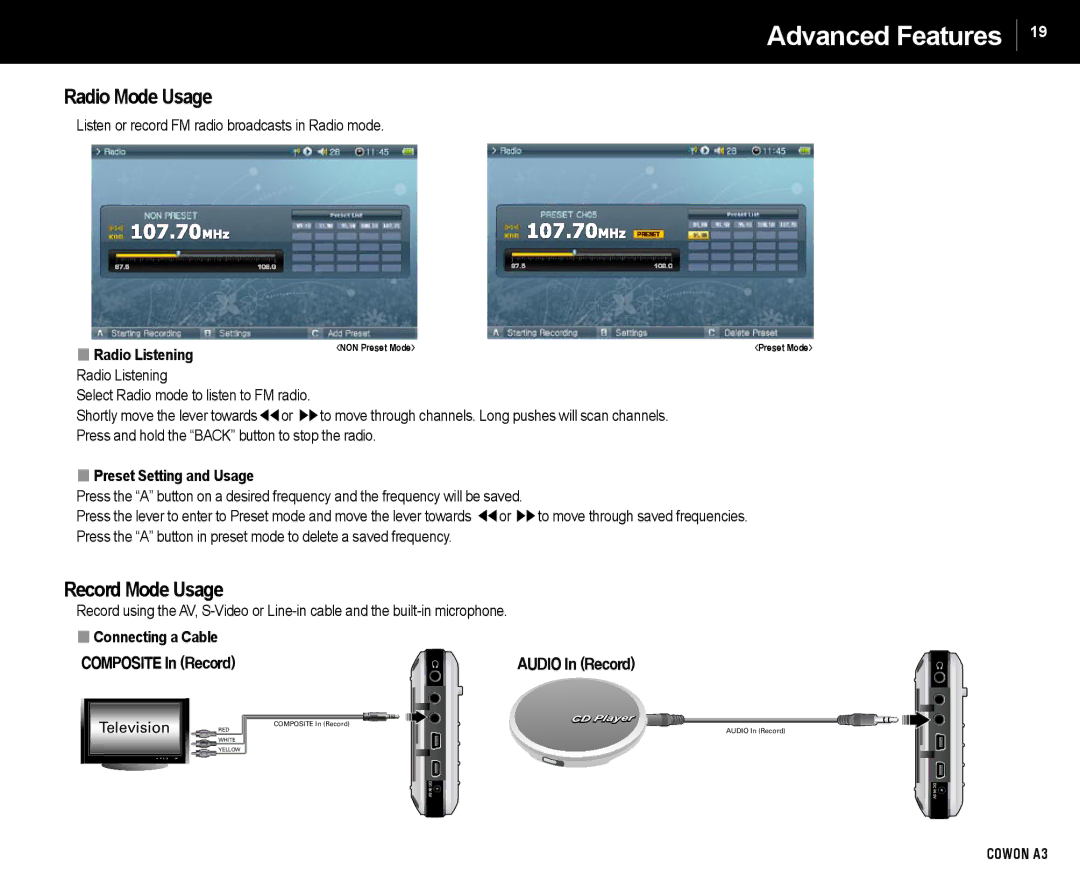 Cowon Systems A3 manual Radio Mode Usage, Record Mode Usage, Radio Listening, Preset Setting and Usage, Connecting a Cable 