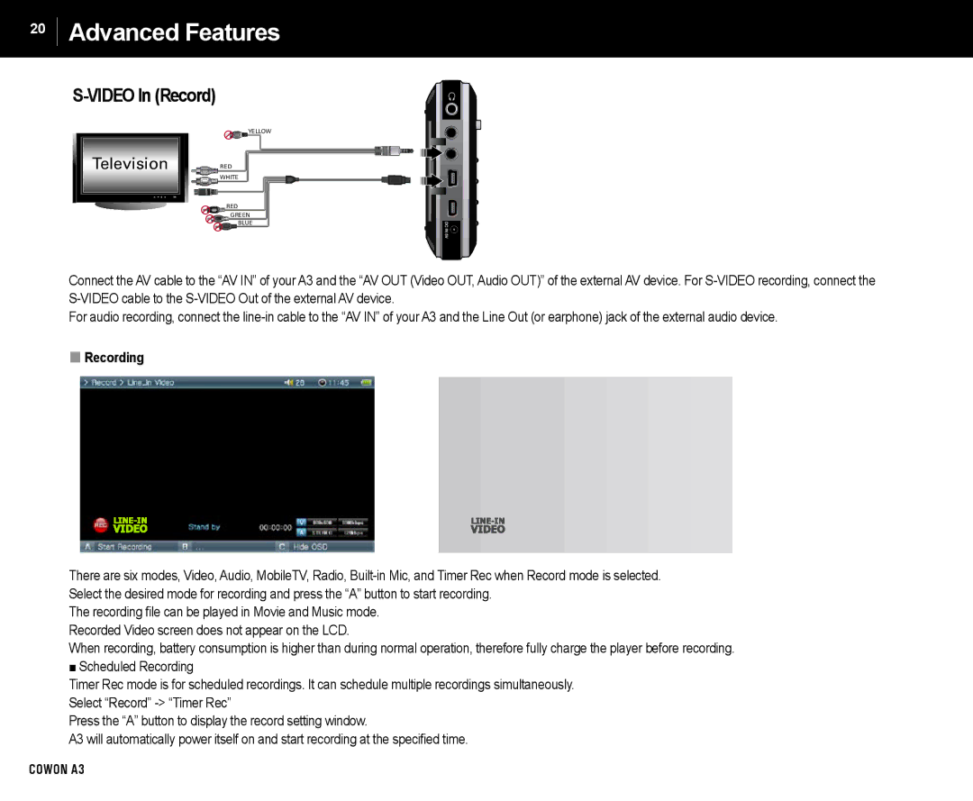 Cowon Systems A3 manual Video In Record, Recording 