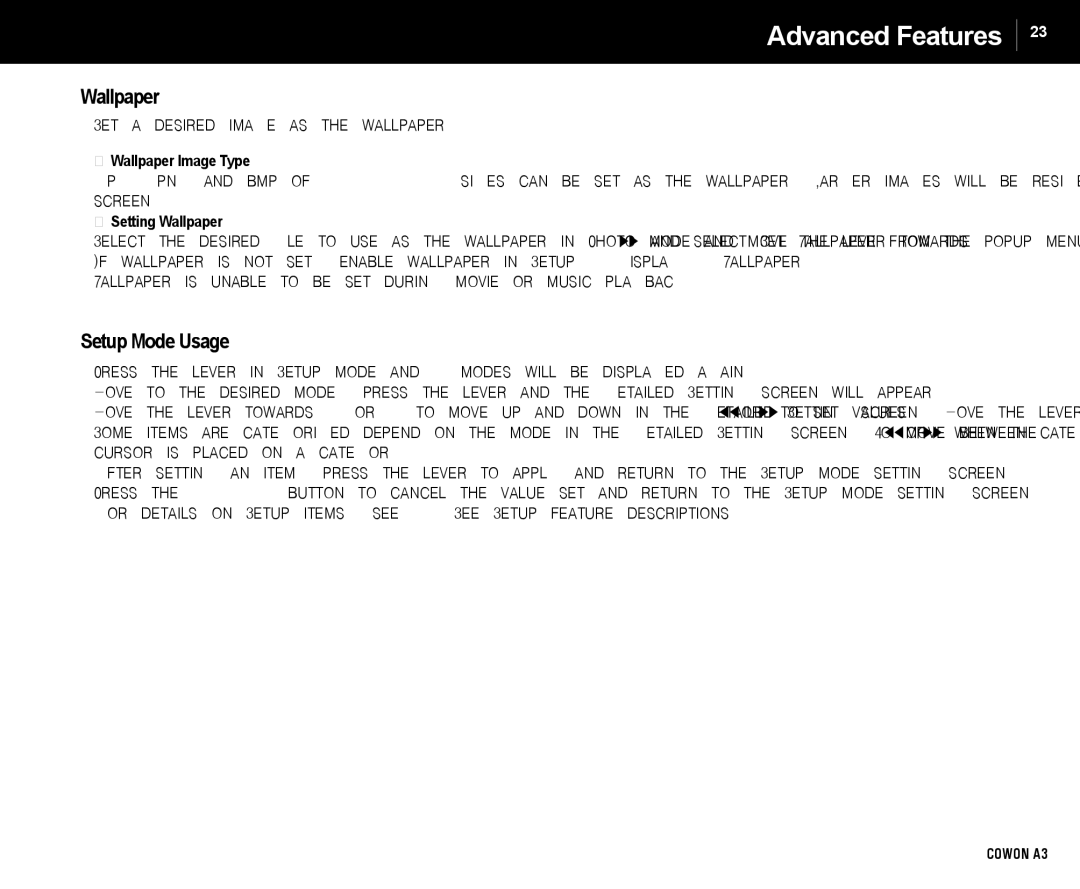 Cowon Systems A3 manual Setup Mode Usage, Set a desired image as the wallpaper, Wallpaper Image Type, Setting Wallpaper 