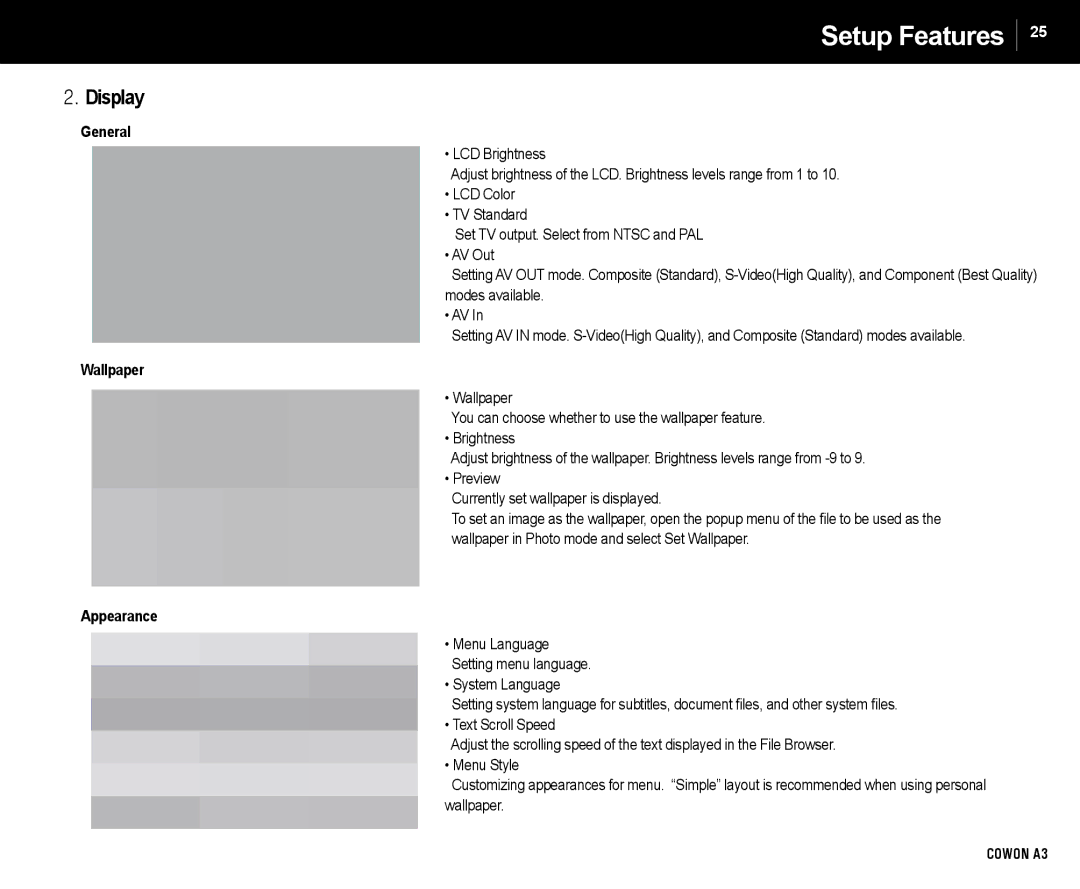 Cowon Systems A3 manual Setup Features, Display, General, Wallpaper, Appearance 