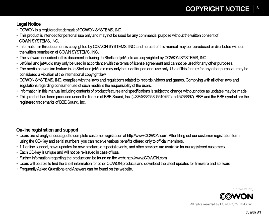 Cowon Systems A3 manual Legal Notice, On-line registration and support 