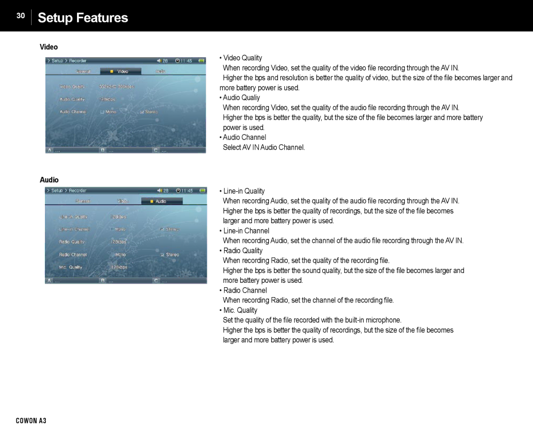 Cowon Systems A3 manual Video, Audio 