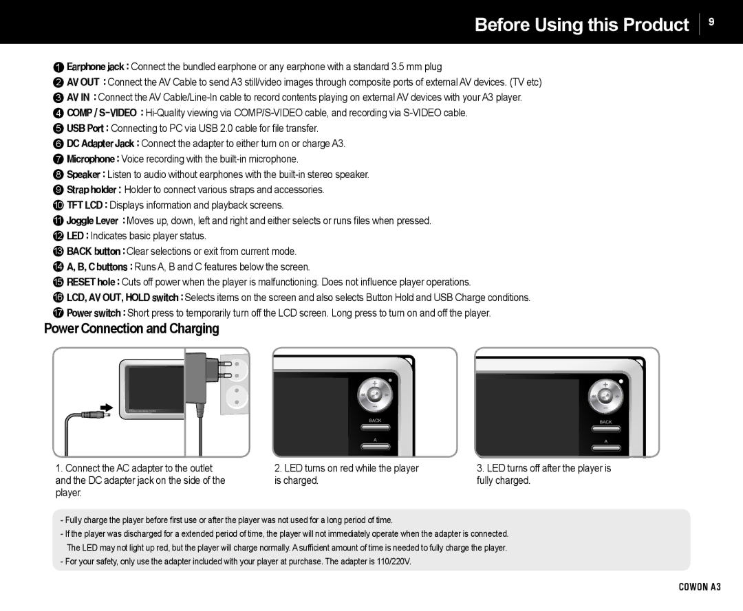 Cowon Systems A3 manual Power Connection and Charging 