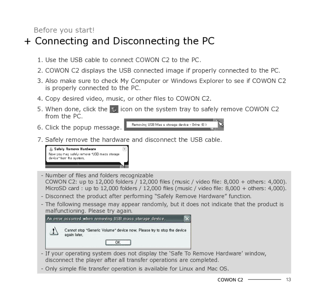 Cowon Systems C2 manual + Connecting and Disconnecting the PC 