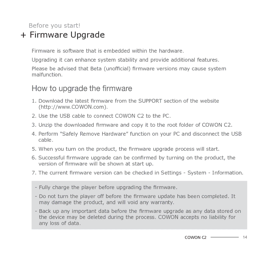 Cowon Systems C2 manual + Firmware Upgrade, How to upgrade the firmware 