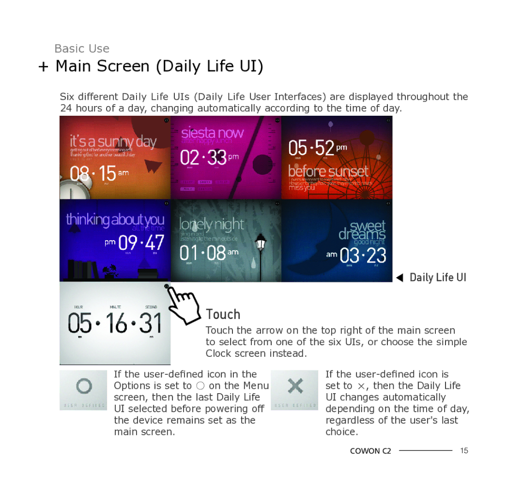 Cowon Systems C2 manual + Main Screen Daily Life UI, Touch 