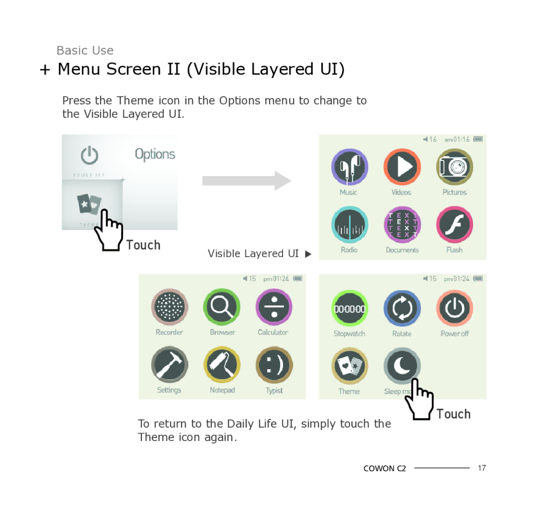 Cowon Systems C2 manual + Menu Screen II Visible Layered UI 