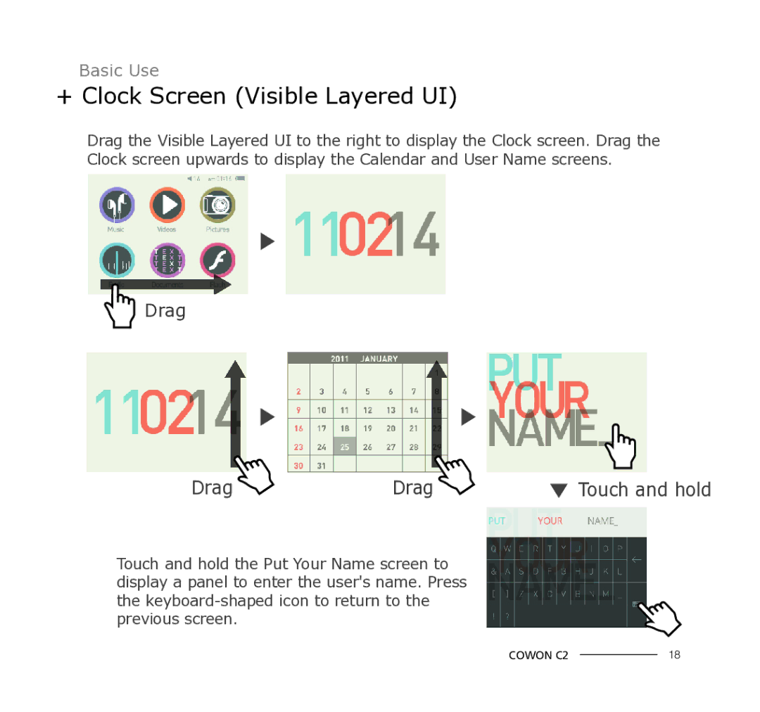 Cowon Systems C2 manual + Clock Screen Visible Layered UI, Touch and hold 