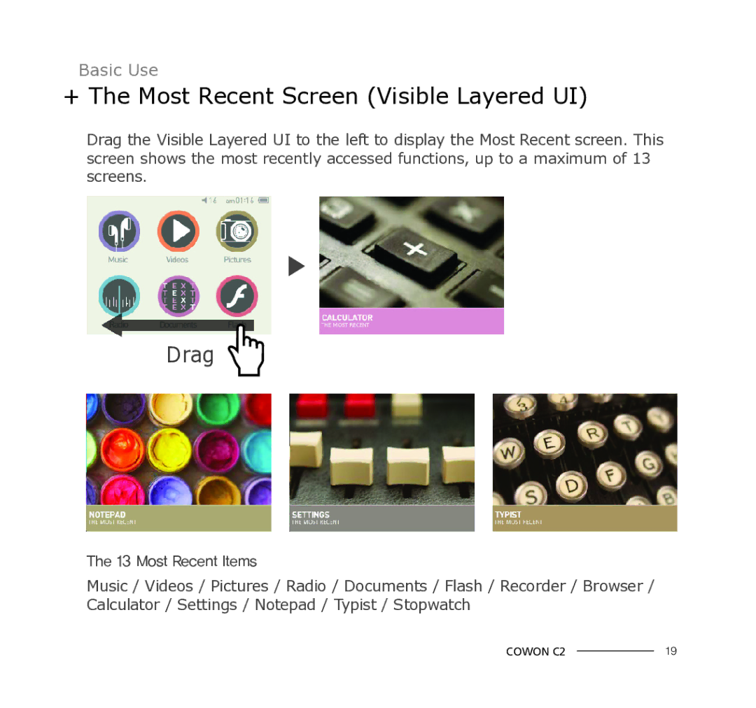 Cowon Systems C2 manual + The Most Recent Screen Visible Layered UI, Drag 