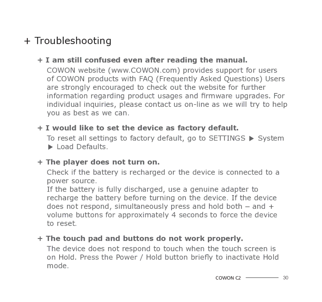 Cowon Systems C2 manual + Troubleshooting, + The player does not turn on 