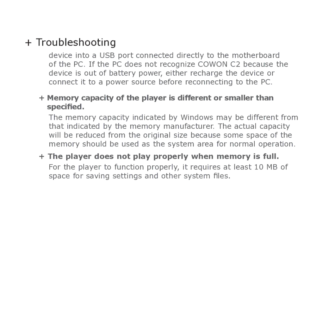 Cowon Systems C2 manual + The player does not play properly when memory is full 