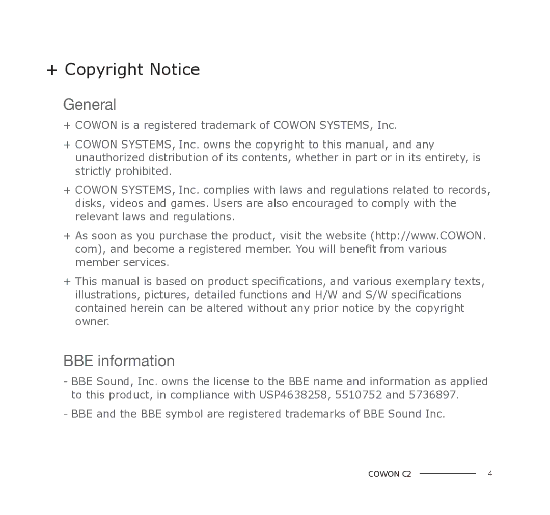 Cowon Systems C2 manual + Copyright Notice, General 