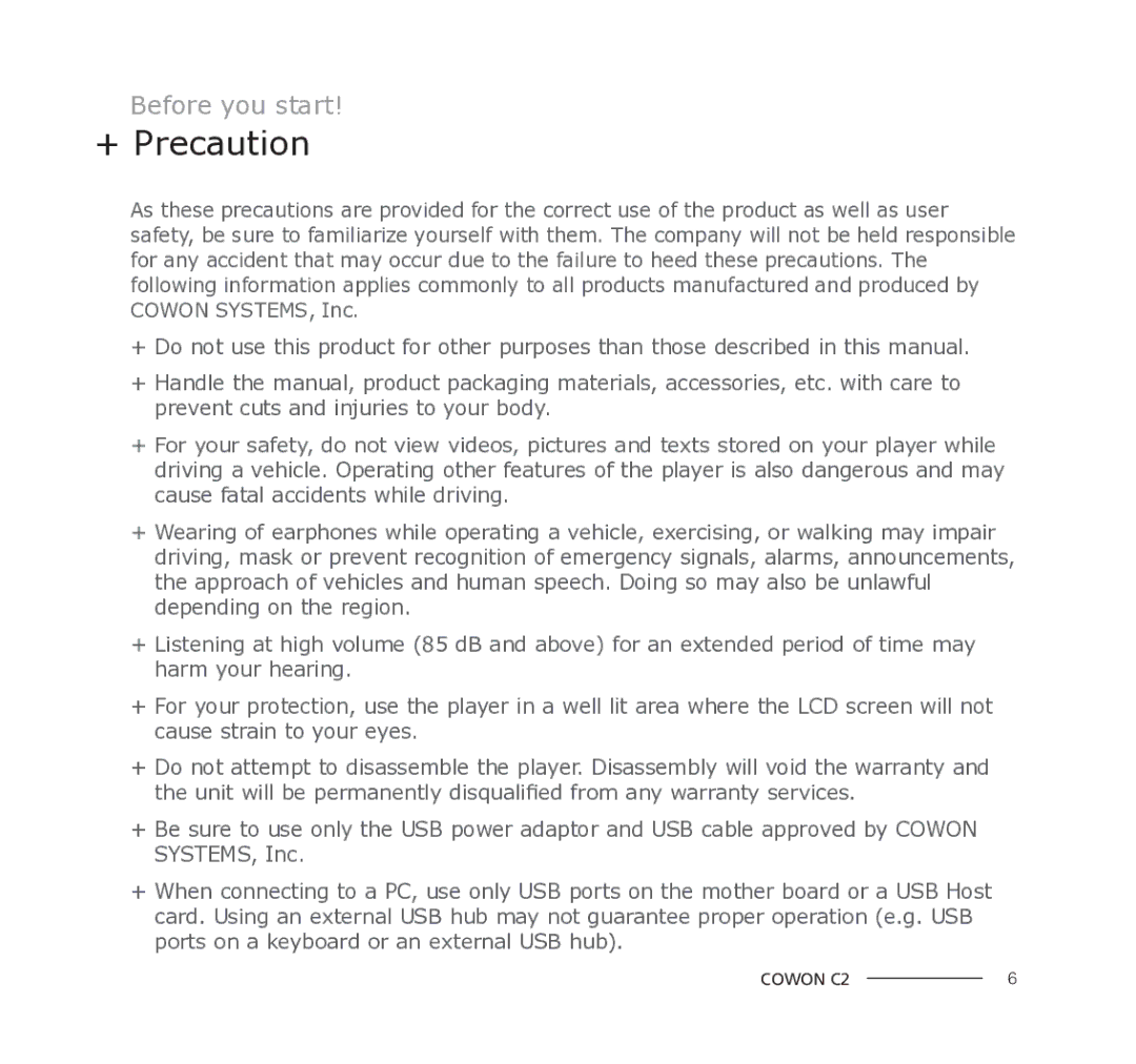 Cowon Systems C2 manual + Precaution 