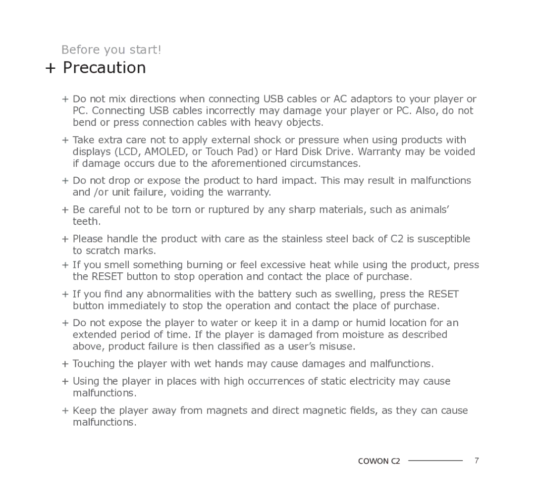 Cowon Systems C2 manual + Precaution 