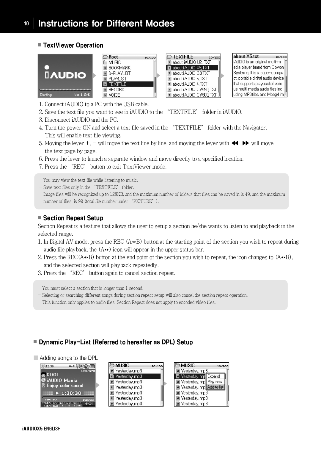 Cowon Systems cell phone TextViewer Operation, Section Repeat Setup, Dynamic Play-List Referred to hereafter as DPL Setup 