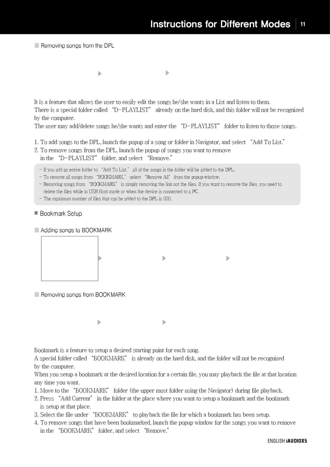 Cowon Systems cell phone manual S t r u c t i o n s f o r D i f f e r e n t M o d e s, Bookmark Setup 