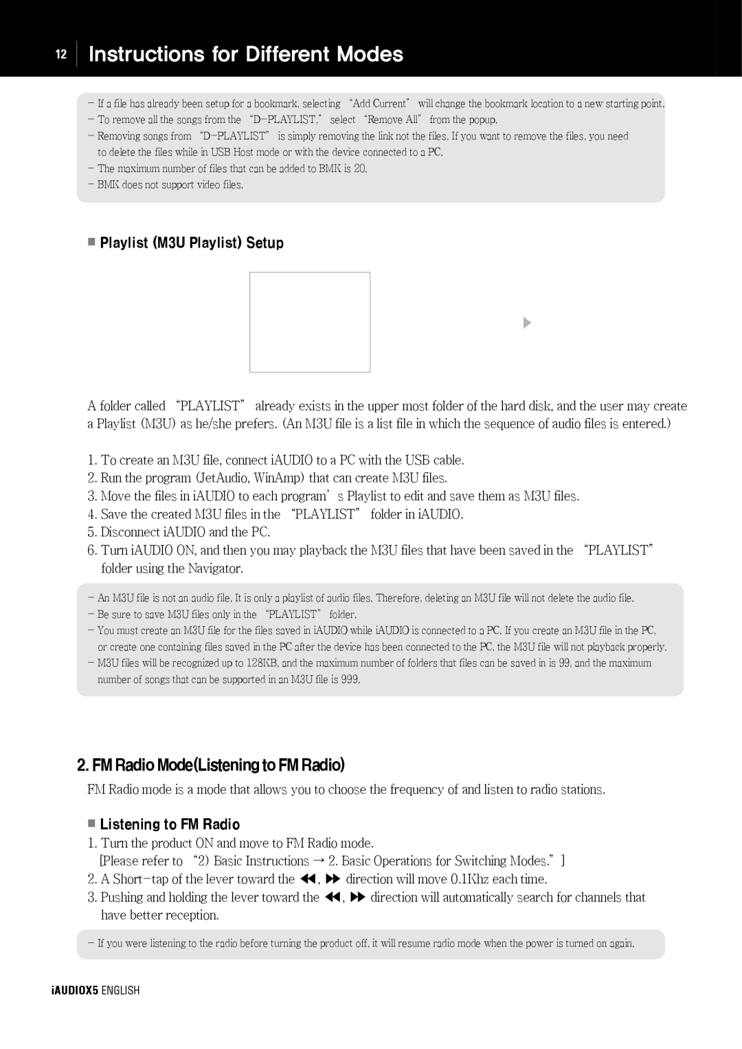 Cowon Systems cell phone manual FMRadioModeListeningtoFMRadio, Playlist M3U Playlist Setup, Listening to FM Radio 