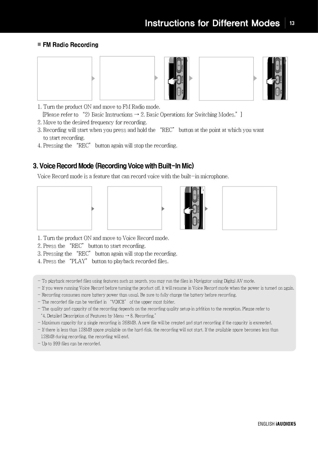 Cowon Systems cell phone manual VoiceRecordModeRecordingVoicewithBuilt-InMic, FM Radio Recording 