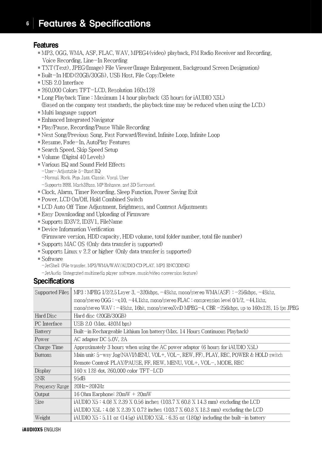 Cowon Systems cell phone manual Features, Specifications 