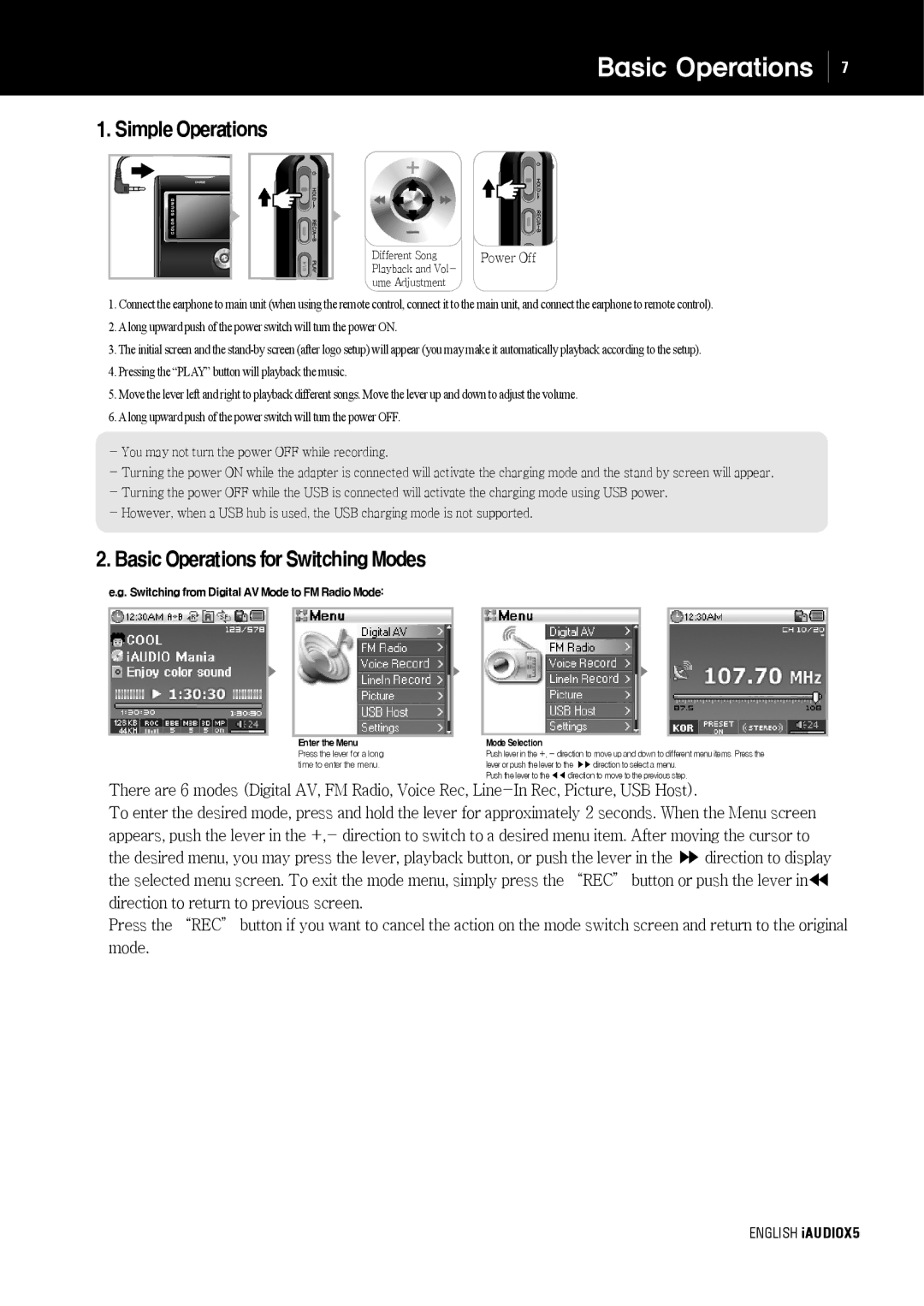 Cowon Systems cell phone manual S i c O p e r a t i o n s, SimpleOperations, BasicOperationsforSwitchingModes 