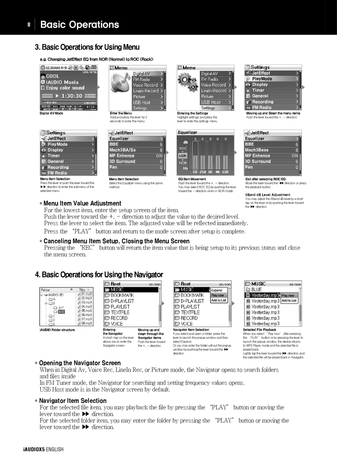 Cowon Systems cell phone manual BasicOperationsforUsingMenu, BasicOperationsforUsingtheNavigator 