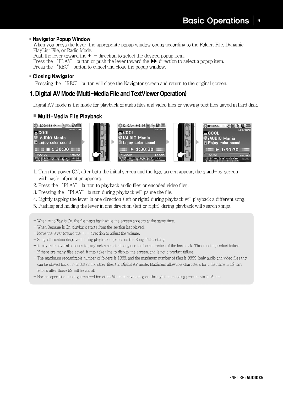 Cowon Systems cell phone manual DigitalAVModeMulti-MediaFileandTextViewerOperation, Multi-Media File Playback 