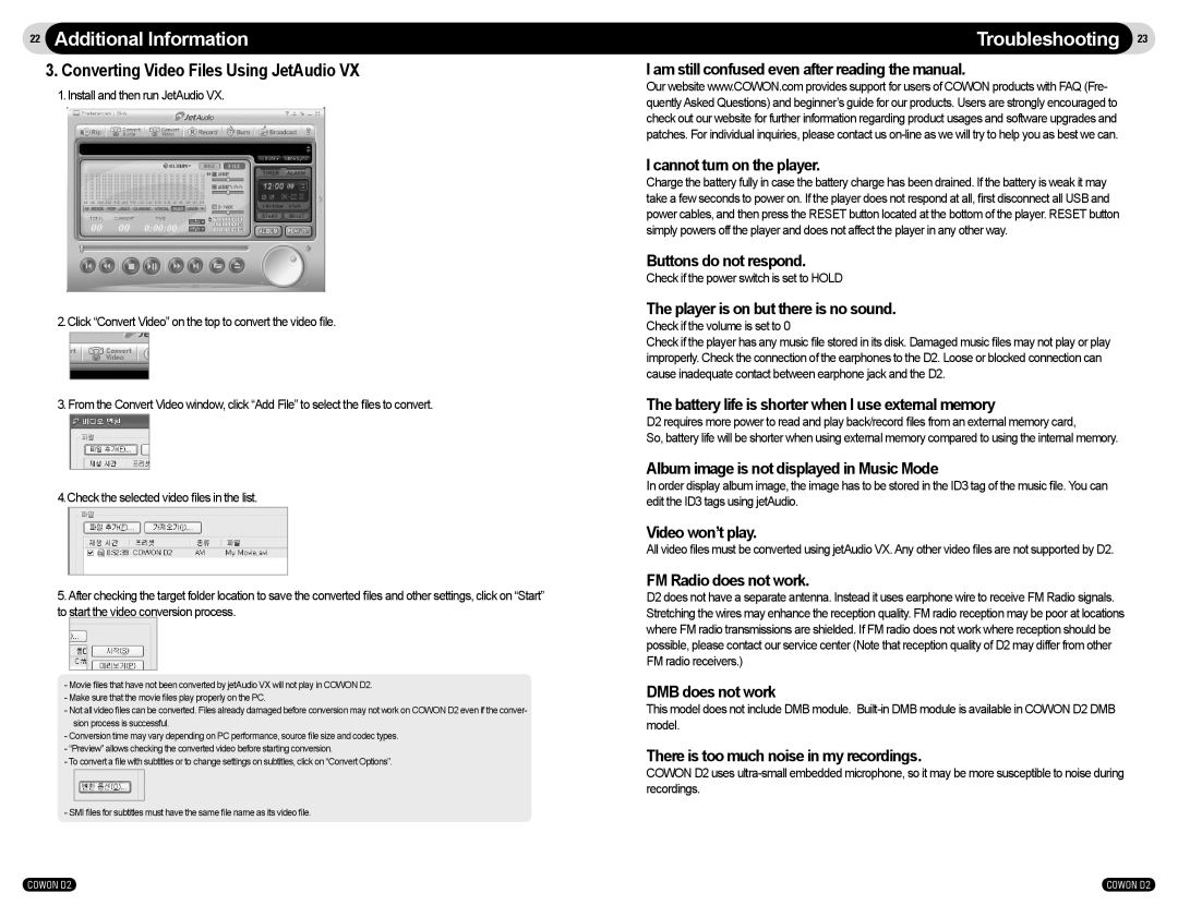 Cowon Systems COWON D2 user manual Troubleshooting, Converting Video Files Using JetAudio 