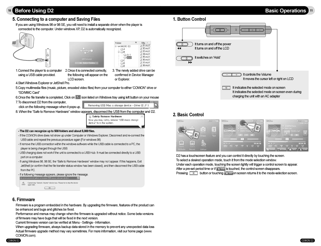 Cowon Systems COWON D2 user manual Basic Operations, Connecting to a computer and Saving Files, Firmware, Button Control 