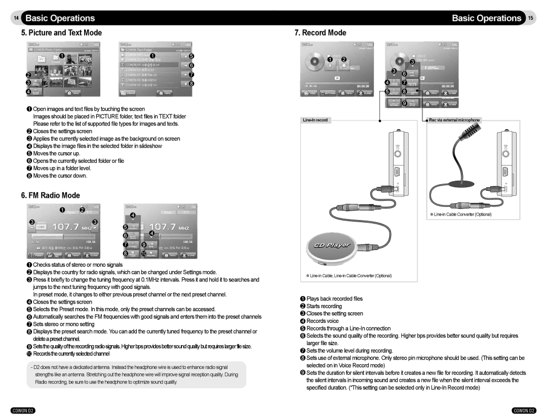 Cowon Systems COWON D2 user manual Picture and Text Mode, Record Mode, FM Radio Mode 