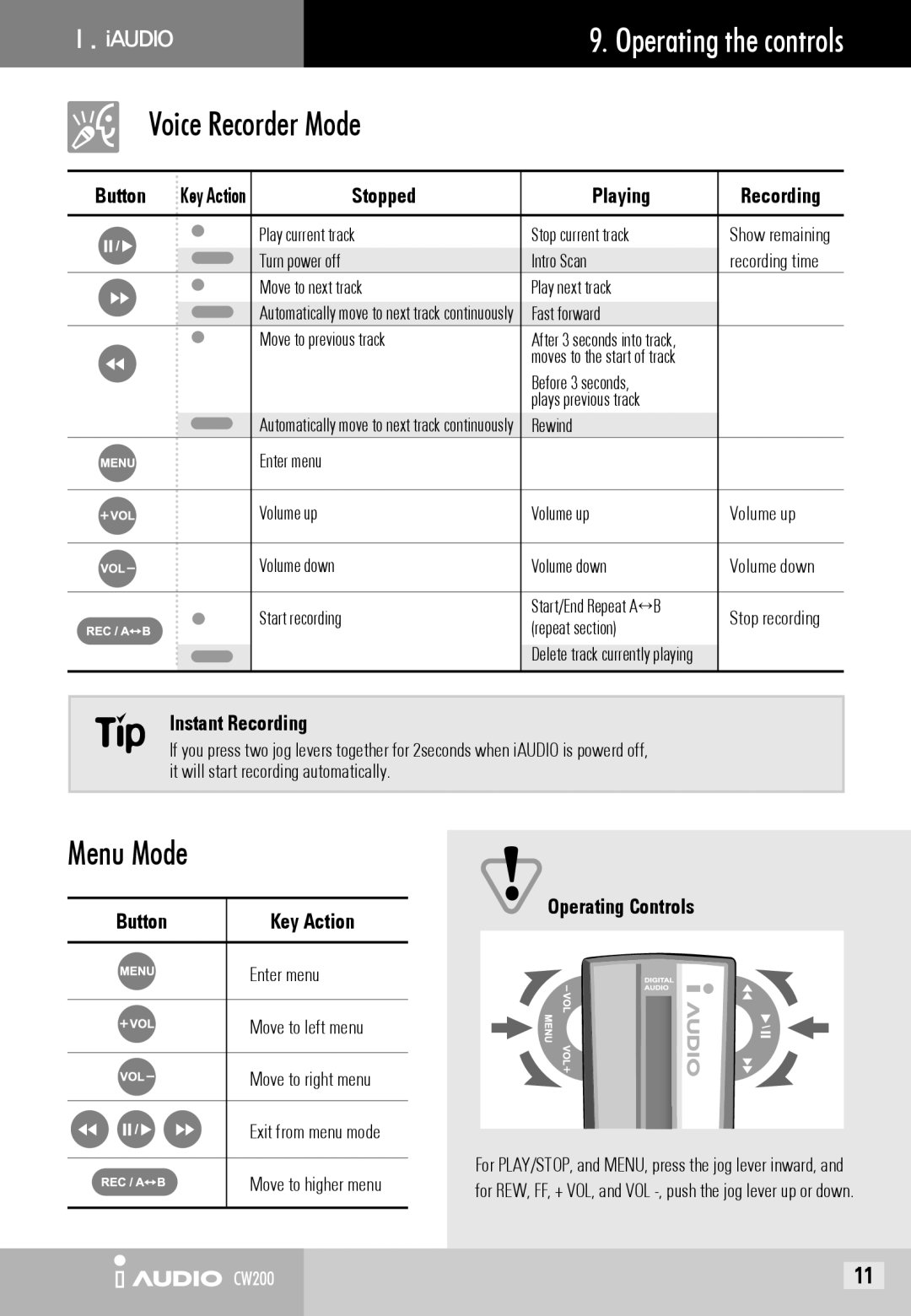 Cowon Systems CW200 user manual Stopped Playing Recording, Instant Recording 