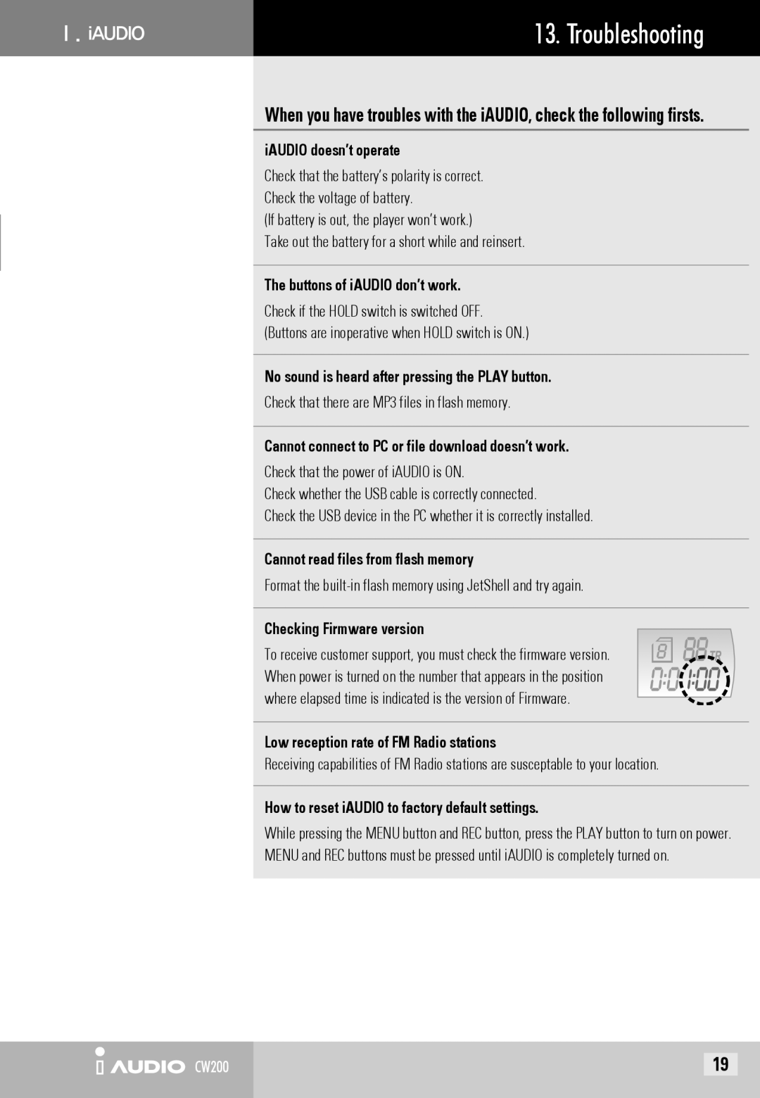 Cowon Systems CW200 user manual Troubleshooting, Low reception rate of FM Radio stations 