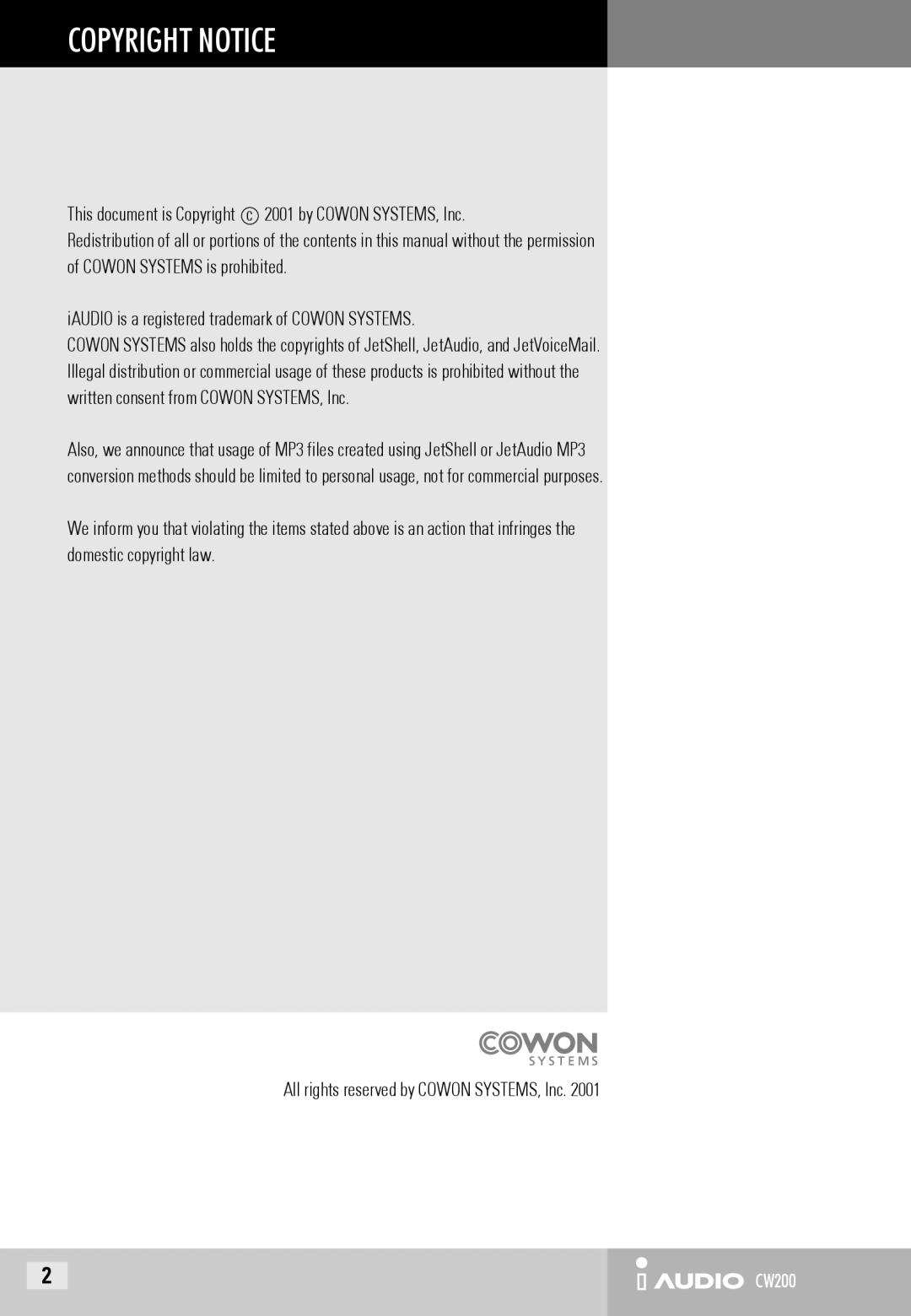 Cowon Systems CW200 user manual Copyright Notice 