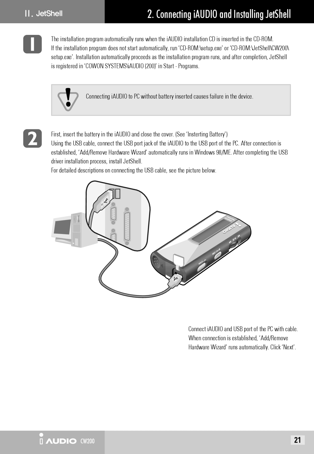 Cowon Systems CW200 user manual Connecting iAUDIO and Installing JetShell 