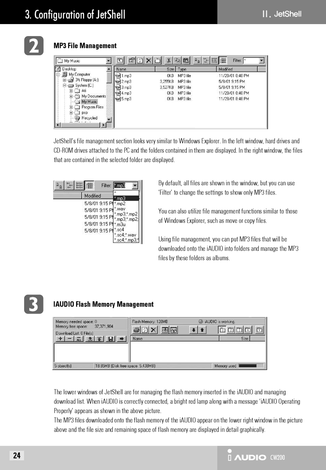 Cowon Systems CW200 user manual Configuration of JetShell, Iaudio Flash Memory Management 